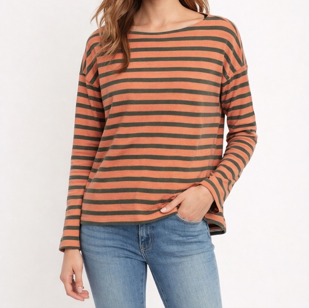 J.Crew Mariner Stripe Boatneck Top M Coral Olive Breton 100% Cotton Long Sleeve